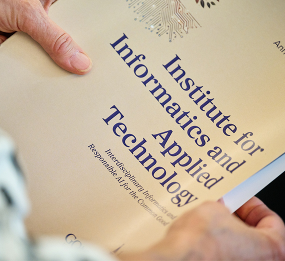 Illustration of a student writing while an AI robot with an exposed brain sits beside him.